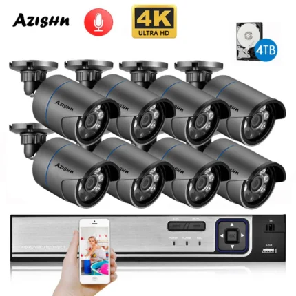 AZISHN 4K Ultra HD Surveillance Camera System 8MP H.265 POE NVR CCTV Video Recording Outdoor Weatherproof Security Camera Kit